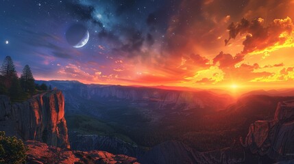 A breathtaking landscape divided into two halves,  with one side bathed in the warm light of sunrise and the other side illuminated by the moon and stars
