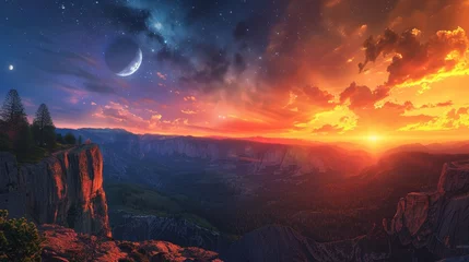 Papier Peint photo Lavable Orange A breathtaking landscape divided into two halves,  with one side bathed in the warm light of sunrise and the other side illuminated by the moon and stars