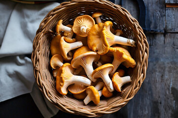 Chanterelle Mushrooms in a Basket on a a Table with Colth in Background
