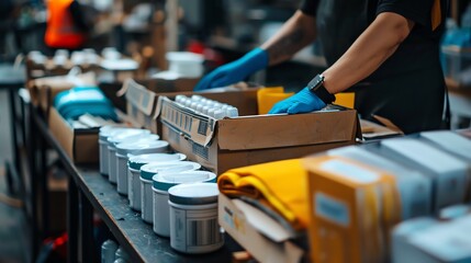 company swag kit being prepared for a promotional event with branded merchandise neatly arranged
