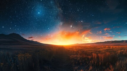 An evocative landscape divided between the soft light of dawn on the left and the twinkling stars of night on the right - obrazy, fototapety, plakaty
