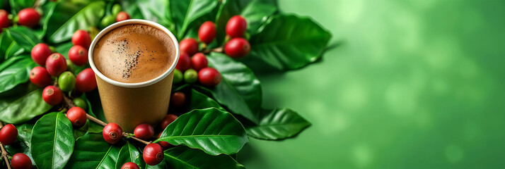 Top view on a green isolated background paper cup with strong and fragrant freshly brewed coffee with foam on a background of coffee leaves and beans, place for text, copy space, banner