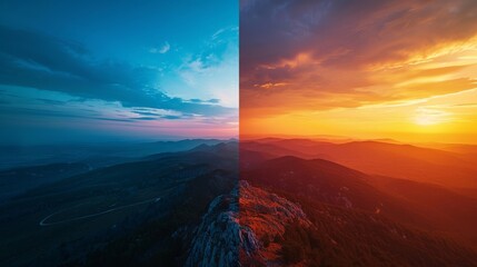A mesmerizing image showcasing the transition from day to night,  with the left side aglow in the warm hues of sunrise and the right side blanketed in the darkness of nightfall - obrazy, fototapety, plakaty