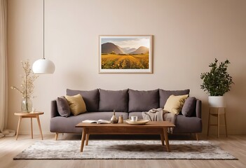 Frame mockup, ISO A paper size. Living room wall poster mockup. Interior mockup with house background. Modern interior design. 3D render