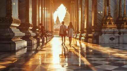 Marble temple in Bangkok with people walking - obrazy, fototapety, plakaty