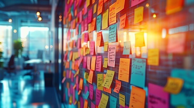 creative brainstorming wall filled with colorful sticky notes and sketches in a vibrant startup hub
