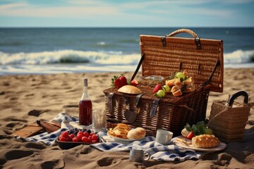 Tropical Picnic basket beach. Sky party summer. Generate Ai