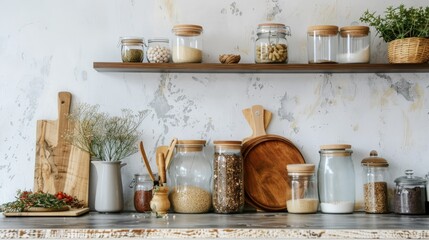 A minimalist kitchen scene featuring zero-waste lifestyle choices, such as reusable containers,...