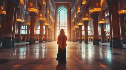 Asian Muslim woman walking towards a stone dome in front