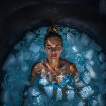 young female athlete taking a bath in ice water doing Wim Hof method, cryotherapy, ice therapy,
