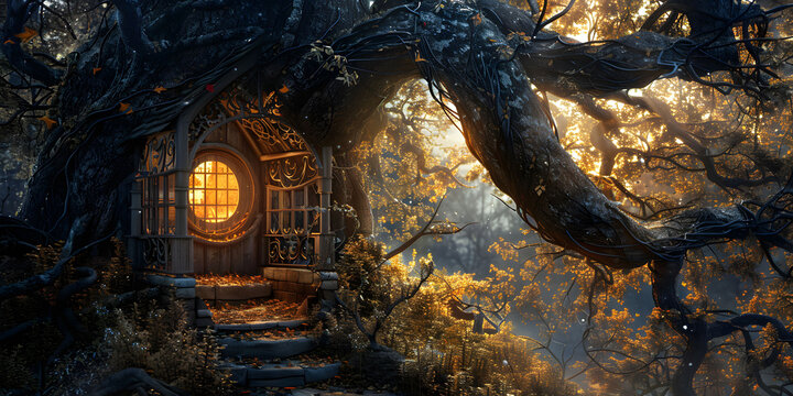 Fairy-tale house in a tree with a roof intertwined. Square flat cartoon illustration with textures. Forest house made leaves and clay gnome vector. Fairy elf gnome magic.