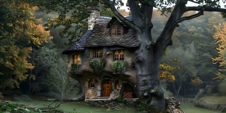 Fairy-tale house in a tree with a roof intertwined. Square flat cartoon illustration with textures. Forest house made leaves and clay gnome vector. Fairy elf gnome magic.
