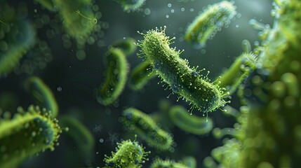 Microscopic green bacteria. Close up green bacteria background - obrazy, fototapety, plakaty
