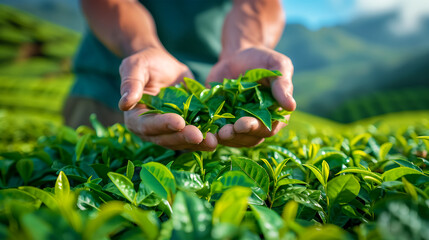 The man's hands show green and fresh tea leaves. Harvesting on a warm sunny day on a large plantation. Eco-friendly harvesting
