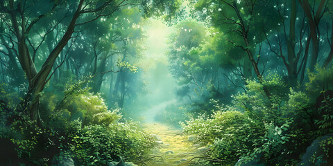 Pathway through a fantasy forest with rays of sunlight shining down.