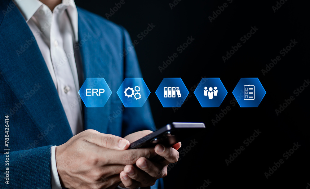 Poster erp, enterprise resource planning concept. businessman use smartphone to analyzing erp system on vir