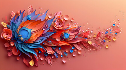 An elegant paper art peacock feather, with intricate details and vivid colors, on a soft pink background