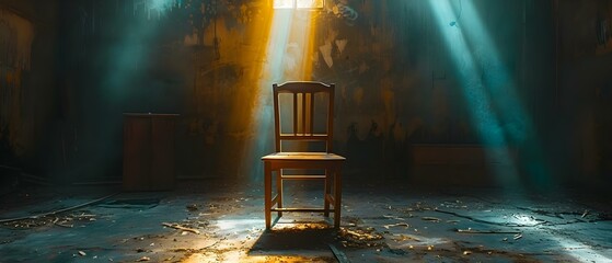 Solemn Solitude: A Chair's Silent Vigil in a Shrouded Room. Concept Lonely Chair, Silent Room, Solitary Contemplation, Mood Lighting, Reflective Atmosphere - obrazy, fototapety, plakaty