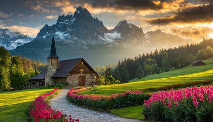 alpine landscape with church - obrazy, fototapety, plakaty