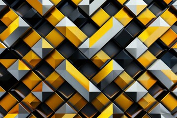 A bold geometric pattern with interlocking triangles and squares in shades of gold, silver, and black.