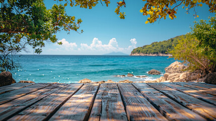 Wooden table on the background of the sea