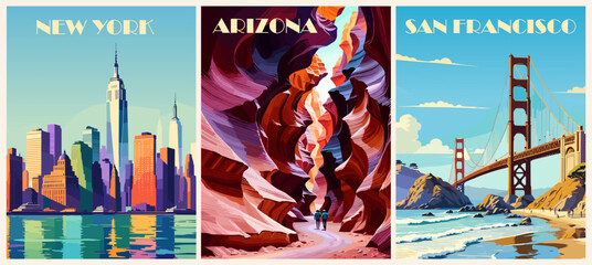 Set of USA Travel Destination Posters in retro style. Arizona, New York, San Francisco digital prints. American summer vacation, holidays concept. Vintage vector colorful illustrations.
