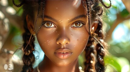 Close-up image of a girl with intricate braids and a look of wonder in her eyes, set against a blurred garden background. Image taken in 16k, realistic, full ultra HD, high resolution, and cinematic 