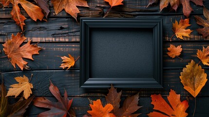 Autumn background greeting card - Empty black frame with autumnal fallen leaves on wooden table, top view - Powered by Adobe