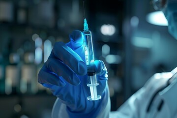 A close-up photo of a doctor holding a syringe with a glowing blue liquid, representing gene therapy for a specific disease.