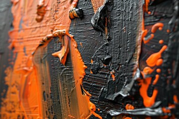 Closeup of abstract rough dark orange black art painting texture, with oil acrylic brushstroke, pallet knife paint on canvas