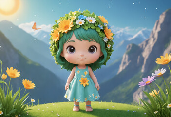A charming illustration depicting a cute little girl with green hair adorned by a flower crown, wearing a blue dress with flower patterns, standing in a dreamy mountain landscape with flowers.