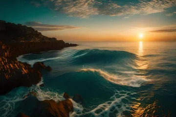 Fotobehang an immersive oceanic scene, showcasing the tranquil vastness of the sea under a golden sunset. © Muhammad