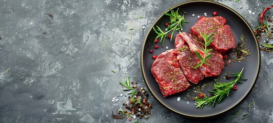 Juicy raw veal steak on a plate with spices and herbs, on a stone background. . View from above....