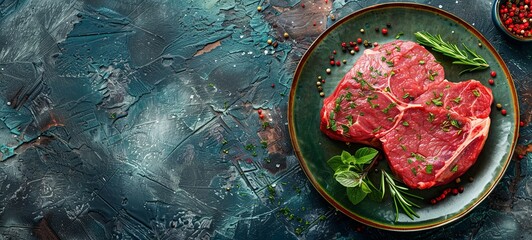 Juicy raw veal steak on a plate with spices and herbs, on a stone background. . View from above. place for text. generative ai