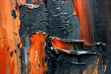 Closeup of abstract rough dark orange black art painting texture, with oil acrylic brushstroke, pallet knife paint on canvas - obrazy, fototapety, plakaty