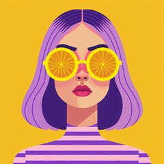 a flat illustration of a woman avatar with purple hair and yellow sunglasses made of lemon slices