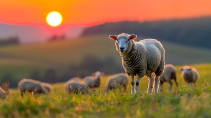 Sheep on the grassland under the sunshine - obrazy, fototapety, plakaty