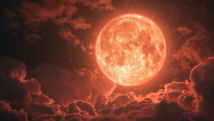 A full moon with red color on the sky surrounded by dark sky and clouds