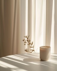 An elegant lit candle on a table with a plant next to it. Sheer curtains in the background.