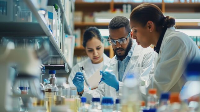 A team of researchers collaborating on a project in a library or research facility. 