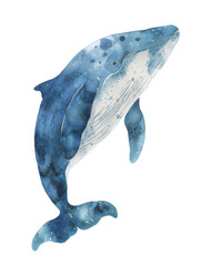 Ai Generated Art Watercolor Painting Of a Whale in Soft Pastel Deep Blue Isolated On White Background