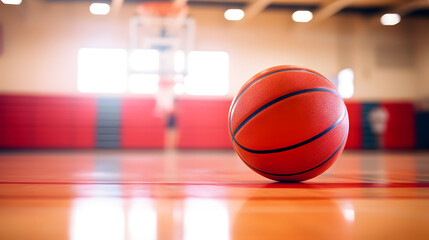 Close-Up of Basketball on Glossy Court Floor in Indoor Gymnasium