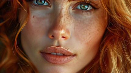 Close-up portrait of a woman with flowing auburn hair, her eyes gazing thoughtfully into the distance. The image is imbued with a sense of realism, captured in 16k, realistic, full ultra HD, high reso - obrazy, fototapety, plakaty