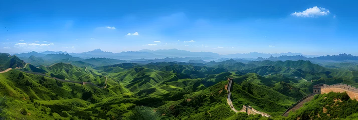 Fotobehang The Great Wall of China: Unfolding Over a Thousand Kilometers Through Time-Weathered Hills and Verdant Valleys © Leila