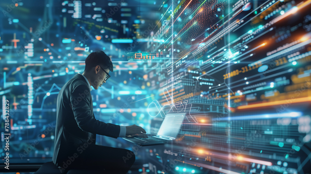 Poster a man is sitting in front of a computer screen with a lot of lines and numbers. he is typing on a la