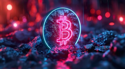 A neon sign with the bitcoin symbol glowing on an abstract background of rocks and dust, creating a futuristic cyberpunk atmosphere. The scene is illuminated by vibrant red lights