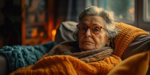 portrait of elegant mature woman sitting on sofa at home and watching tv at night. 84 years old woman