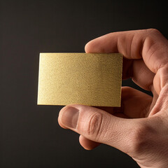 hand holding a golden blank business card against a black background