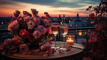 Romantic date on roof of tall building. Beautiful view of evening city. Concept of romance and love.