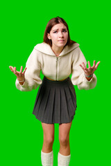 Young Woman Expressing Confusion With Hands Up Against Green Screen Background